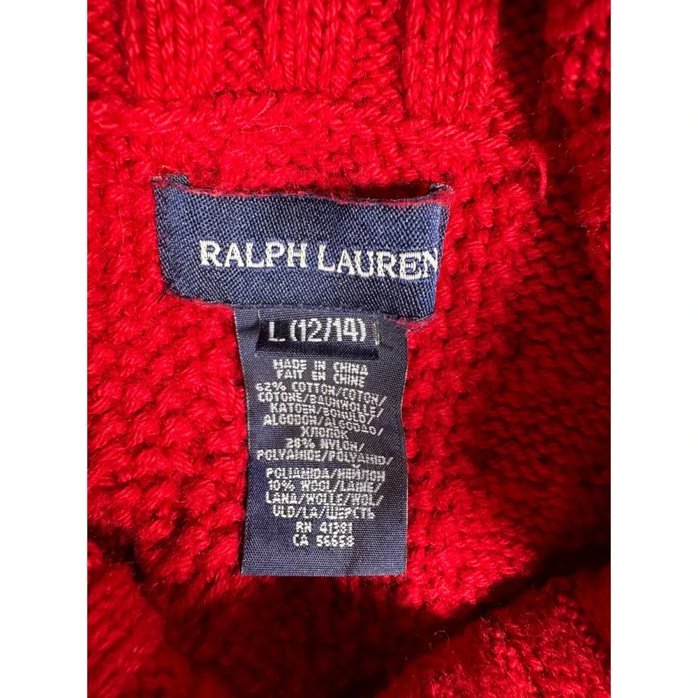 Ralph Lauren Red Cable Knit Turtleneck Sweater Dress Girl Large 12-14 Wool Blend